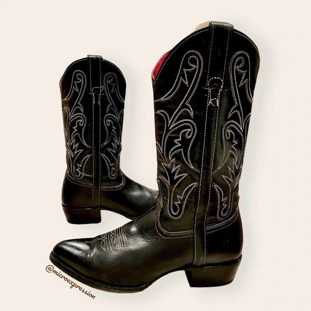 VINTAGE 1990 Frye Black Red Contrast Leather Embroidery Stitch Tall Cowboy Boot